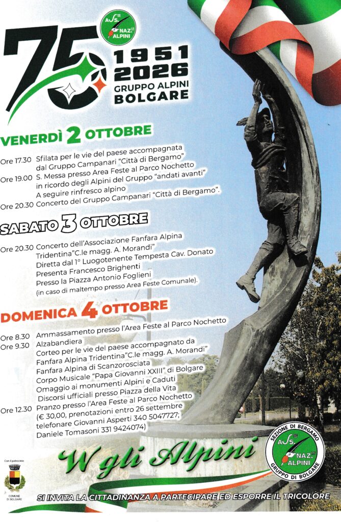 Bolgare – 75° di fondazione del gruppo alpini – 3-4 Ottobre 2026